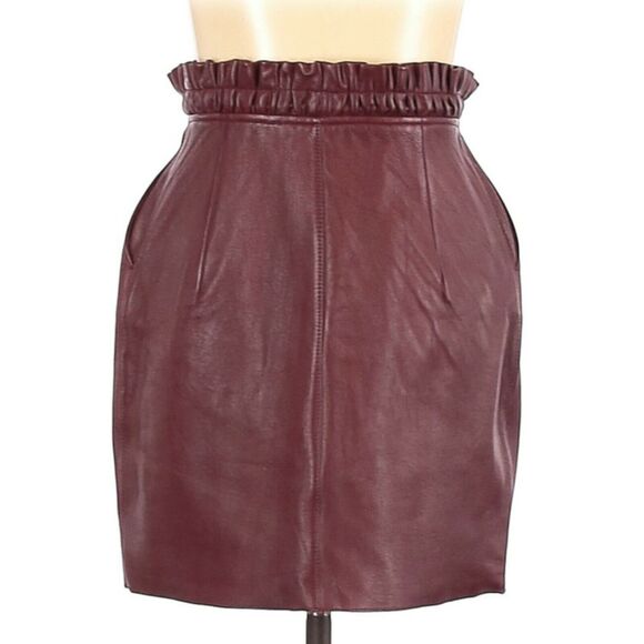 MAJE Jet zipped leather burgundy pencil straight mini paperbag skirt Size 1 NEW - Picture 2 of 8